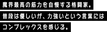 魔界最高の筋力を自慢する格闘家。普段は優しいが、力強いという言葉にはコンプレックスを感じる。
